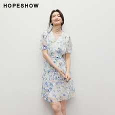 批发红袖甜美碎花连衣裙2025夏季新款女装【海蓝花屿】泡泡袖<b class='q'>雪纺裙</b>