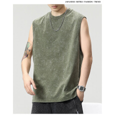 批发夏季薄款背心男潮牌高街ins美式复古水洗黑色坎肩重磅纯棉无袖t恤