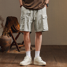 批发工装短裤男生<b class='q'>日系</b><b class='q'>复古</b>浅灰色潮流直筒中裤阿美咔叽机能五分裤夏季