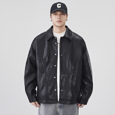 批发美式PU翻领皮衣夹克男生秋季做旧高街痞帅工装外套复古百搭上衣潮