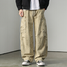 批发2025美式复古水洗宽松直筒阔腿裤男秋季潮牌青年帅气工装弯刀裤潮