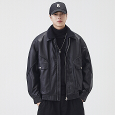 批发假两件PU皮翻领羽绒服男2025冬季新款休闲宽松帅气设计师夹克羽绒