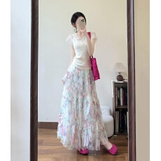 批发法式复古不规则花边<b class='q'>网纱</b>拼接蛋糕半身裙高腰显瘦碎花中长款<b class='q'>长裙</b>