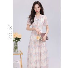 批发蓝粉花连衣裙气质百搭女2026夏季新款温柔风收腰显瘦设计感长裙子