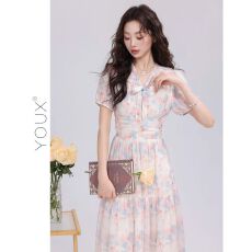 批发蓝粉花连衣裙气质百搭女2025夏季新款温柔风收腰显瘦设计感长裙子