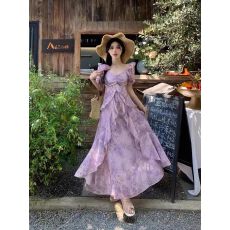 批发大码胖MM2025夏季飘逸<b class='q'>雪纺</b>渐变印花连衣裙海边度假风荷叶边裙子女