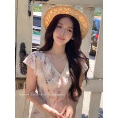 批发晕染日系氛围感小飞袖鱼尾仙气温柔度假风连衣裙小个子设计感长裙