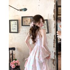 批发美神裙/法式浪漫仙气晕染挂脖不规则度假粉色碎花氛围感长裙<b class='q'>夏季</b>