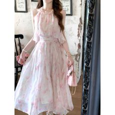 批发美神裙/法式浪漫仙气晕染挂脖不规则度假粉色碎花氛围感长裙夏季