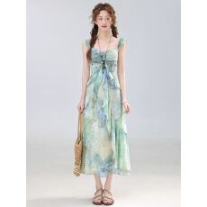 批发海边度假风法式吊带气质连衣裙高级感百搭印花显瘦长裙 2025新款