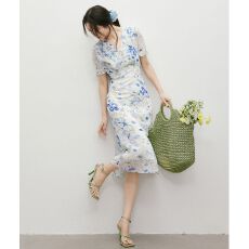 批发红袖碎花<b class='q'>连衣裙</b>2025夏秋季新款<b class='q'>女</b>装【海蓝花屿】泡泡袖收腰雪纺裙