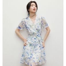 批发红袖甜美<b class='q'>碎花</b>连衣裙2025夏季新款女装【海蓝花屿】泡泡袖雪纺裙