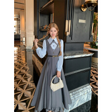 批发学院风减龄撞色衬衫假两件收腰西装连衣裙早秋時尚穿搭显瘦高腰