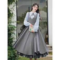 批发秋季复古文艺学院风双层假两件背心裙中学生衬衫修身甜美连衣裙子