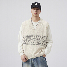 批发提花羊毛混纺毛衣背心男2025秋冬新款民族风加厚V领针织衫