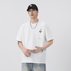 批发极简风潮流刺绣圆领短袖T恤<b class='q'>男士</b>2026夏季宽松百搭五分袖上衣