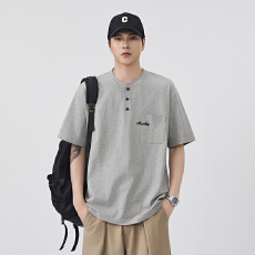 夏季100%纯棉亨利领短袖T恤男士潮流刺绣宽松上衣休闲体恤衫