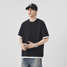 批发2026夏季新款<b class='q'>男士</b>短袖T恤黑色假两件圆领百搭痞帅撞色设计上衣