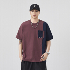 批发日系拼色<b class='q'>男士</b>短袖t恤夏季潮牌宽松复古拼接口袋潮流半袖体恤上衣