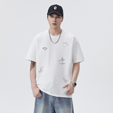 美式复古休闲细针刺绣圆领短袖T恤男夏季宽松海边度假打底衫
