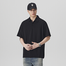 高端复古不规则拼接Polo衫男短袖夏季美拉德宽松翻领T恤