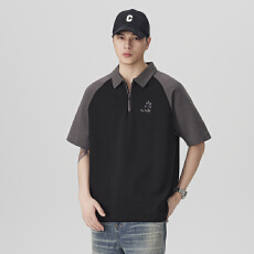 复古插肩袖拼接撞色T恤男款夏季刺绣休闲百搭体恤宽松套头上衣男