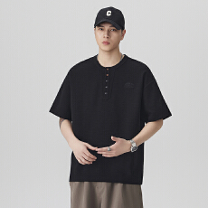 高端刺绣印花t恤男黑色短袖夏季宽松休闲五分袖美式简约百搭上衣