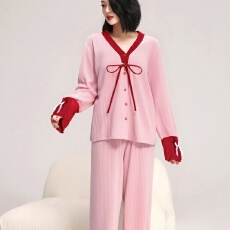 批发6535棉<b class='q'>睡衣</b>女秋冬高级V领蝴蝶结系带长袖长裤套装 M-XXL