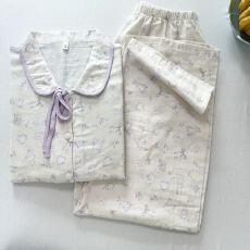 批发KKH 抖音直播小红书爆款平纹棉纱<b class='q'>睡衣</b>女翻领长袖长裤套装