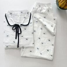 批发KKH 抖音直播小红书爆款平纹棉纱<b class='q'>睡衣</b>女翻领长袖长裤套装