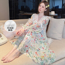 批发抖音直播小红书爆款气质可拆卸胸垫网纱睡衣女<b class='q'>春</b>秋长袖睡裙