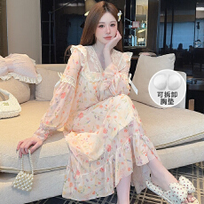 批发抖音直播小红书爆款气质可拆卸胸垫网纱睡衣女<b class='q'>春</b>秋长袖睡裙