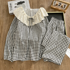 批发KKH2610#抖音直播小红书爆款云朵棉<b class='q'>睡衣</b>女花边娃娃领长袖长裤套装