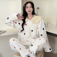 批发KKH 珊瑚绒<b class='q'>睡衣</b>女秋冬娃娃领卡通家居服套装