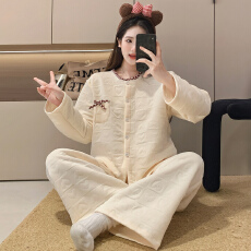 批发KKH 空气棉夹层<b class='q'>睡衣</b>女秋冬圆领小香风长袖开衫家居服套装