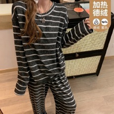 批发KKH 新款ins风德绒<b class='q'>睡衣</b>女款日系条纹保暖甜美少女家居服套装