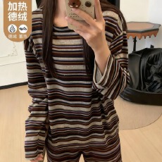 批发KKH 新款ins风德绒<b class='q'>睡衣</b>女款日系条纹保暖甜美少女家居服套装