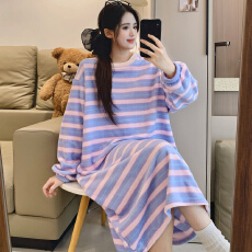 批发KKH 珊瑚绒睡衣女秋冬加绒加厚法兰绒<b class='q'>条纹</b>睡<b class='q'>裙</b>家居服