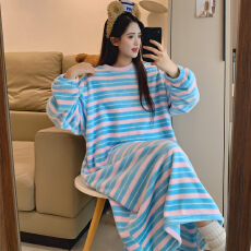 批发KKH 珊瑚绒睡衣女秋冬加绒加厚法兰绒<b class='q'>条纹</b>睡<b class='q'>裙</b>家居服