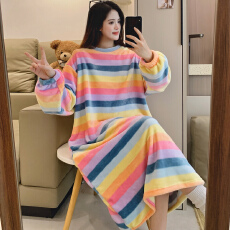 批发KKH 珊瑚绒睡衣女秋冬加绒加厚法兰绒<b class='q'>条纹</b>睡<b class='q'>裙</b>家居服