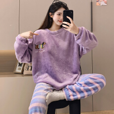 批发KKKH 珊瑚绒<b class='q'>睡衣</b>女秋冬加绒加厚法兰绒圆领套头家居服套装