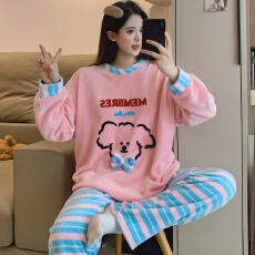 批发KKKH <b class='q'>珊瑚</b><b class='q'>绒</b><b class='q'>睡衣</b>女秋冬加<b class='q'>绒</b>加厚法兰<b class='q'>绒</b>圆领套头家居服套装