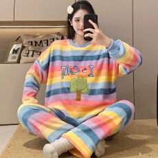 批发KKKH 珊瑚绒睡衣女秋冬加绒加厚法兰绒圆领套头家居服套装