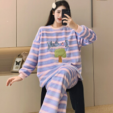 批发KKKH珊瑚绒睡衣女秋冬加绒加厚法兰绒圆领套头家居服套装