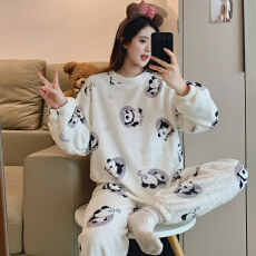 批发KKKH珊瑚绒睡衣女秋冬加绒加厚法兰绒圆领套头家居服套装
