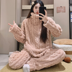 批发KKH 珊瑚绒睡衣女秋冬加绒加厚纯色高领套头保暖家居服套装