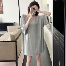 抖音直播爆款夏季短袖纯色180g仿棉睡裙休闲宽松韩版慵懒外穿睡衣
