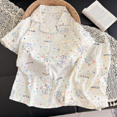 批发抖音小红书爆款睡衣女夏季云朵棉睡衣短袖<b class='q'>短裤</b>翻领<b class='q'>印花</b>套装家居服