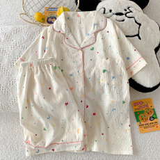 批发抖音小红书爆款睡衣女夏季云朵棉睡衣短袖<b class='q'>短裤</b>翻领<b class='q'>印花</b>套装家居服