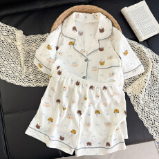 批发抖音小红书爆款睡衣女夏季云朵棉睡衣短袖<b class='q'>短裤</b>翻领<b class='q'>印花</b>套装家居服